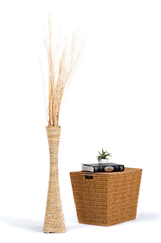 LEEWADEE jarrón Grande para el Suelo – Florero Alto y Hecho a Mano de bambú y Rafia, Recipiente de pie para Ramas Decorativas, 75 cm, Color Natural