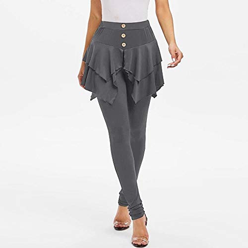 Leggings con falda para mujer, color sólido, volantes, irregulares, cintura alta, pantalones largos con capas de 3 botones, minifalda-negro_L