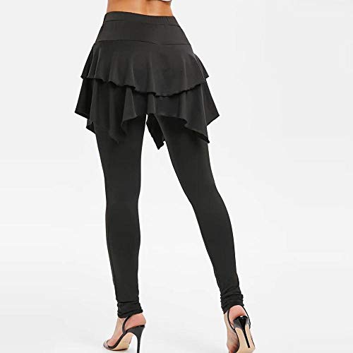Leggings con falda para mujer, color sólido, volantes, irregulares, cintura alta, pantalones largos con capas de 3 botones, minifalda-negro_L