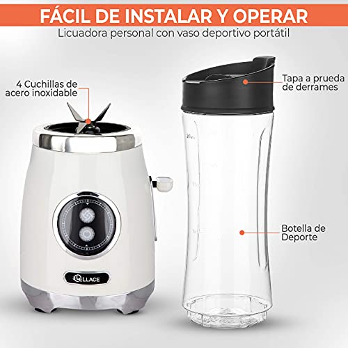 LELLACE Batidora de Vaso Individual con 2 Botellas de 600ml y Mini Libro con 8 Recetas. Licuadora para Zumos y Batidos con Cuchillas de Acero Inoxidable. Smoothie Maker Libre de BPA. (Ivory)