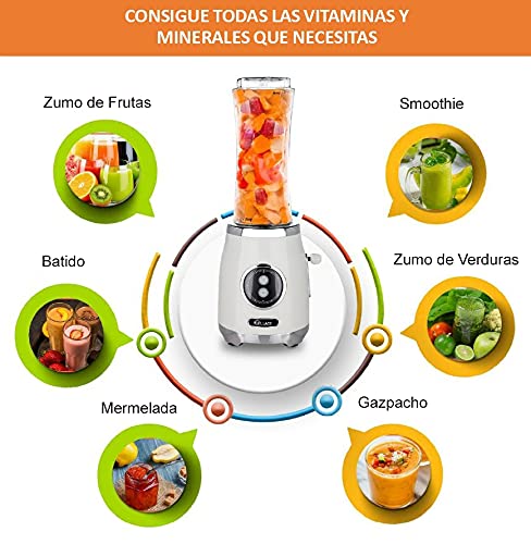 LELLACE Batidora de Vaso Individual con 2 Botellas de 600ml y Mini Libro con 8 Recetas. Licuadora para Zumos y Batidos con Cuchillas de Acero Inoxidable. Smoothie Maker Libre de BPA. (Ivory)
