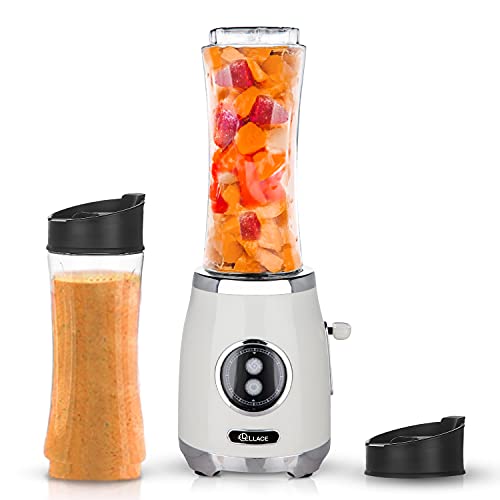 LELLACE Batidora de Vaso Individual con 2 Botellas de 600ml y Mini Libro con 8 Recetas. Licuadora para Zumos y Batidos con Cuchillas de Acero Inoxidable. Smoothie Maker Libre de BPA. (Ivory)