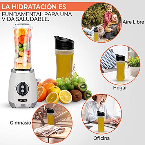 LELLACE Batidora de Vaso Individual con 2 Botellas de 600ml y Mini Libro con 8 Recetas. Licuadora para Zumos y Batidos con Cuchillas de Acero Inoxidable. Smoothie Maker Libre de BPA. (Ivory)