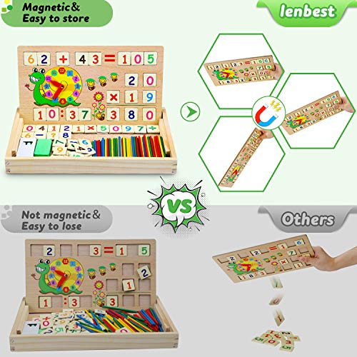 lenbest Matemáticas & Reloj Juguetes Caja Madera, Juguete Montessori Multifuncional de Reloj & Operación Matemática & Pintura, con Pizarra Magnética y 3 Tarjetas Matemáticas para Educación Temprana