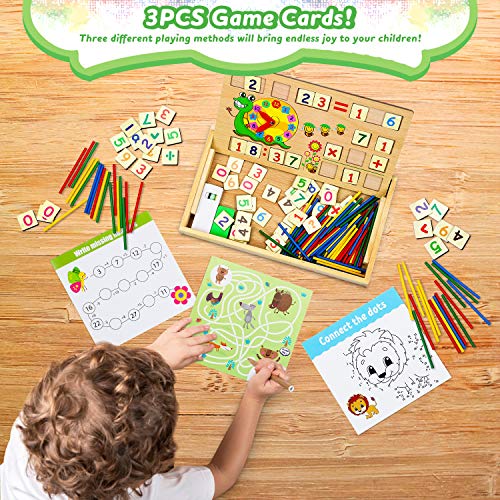 lenbest Matemáticas & Reloj Juguetes Caja Madera, Juguete Montessori Multifuncional de Reloj & Operación Matemática & Pintura, con Pizarra Magnética y 3 Tarjetas Matemáticas para Educación Temprana