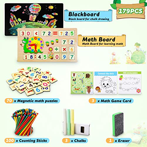 lenbest Matemáticas & Reloj Juguetes Caja Madera, Juguete Montessori Multifuncional de Reloj & Operación Matemática & Pintura, con Pizarra Magnética y 3 Tarjetas Matemáticas para Educación Temprana