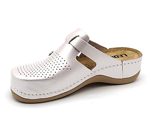 LEON 900 Zuecos Zapatos Zapatillas de Cuero para Mujer, Perla, EU 37