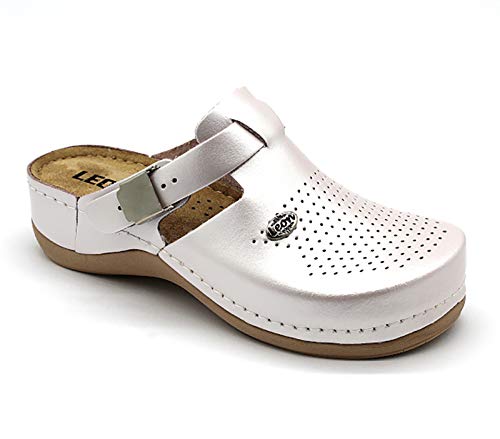 LEON 900 Zuecos Zapatos Zapatillas de Cuero para Mujer, Perla, EU 37