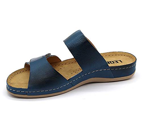 LEON 952 Sandalias Zuecos Zapatillas Zapatos de Cuero Mujer, Azul, EU 38