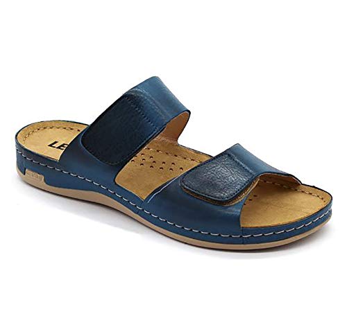 LEON 952 Sandalias Zuecos Zapatillas Zapatos de Cuero Mujer, Azul, EU 38