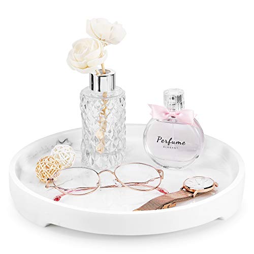 Lewondr Bandeja Redondo Portátil, Charolas de Almacenamiento de Hogar con Pies, Accesorio Ideal para Guardar Artículos de Aseo, Botella de Loción, Joyas, Cosméticos, Perfumes, Mármol de Tinta Blanca