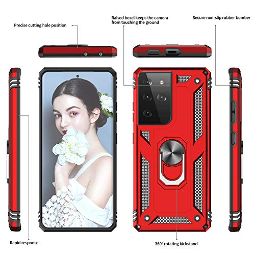 LeYi Funda para Samsung Galaxy S21 Ultra 5G,Armor Carcasa con 360 Grados Anillo iman Soporte Hard PC Silicona TPU Bumper Antigolpes Case para Movil Samsung Galaxy S21 Ultra 5G,Rojo