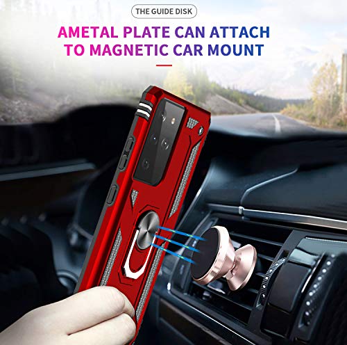 LeYi Funda para Samsung Galaxy S21 Ultra 5G,Armor Carcasa con 360 Grados Anillo iman Soporte Hard PC Silicona TPU Bumper Antigolpes Case para Movil Samsung Galaxy S21 Ultra 5G,Rojo