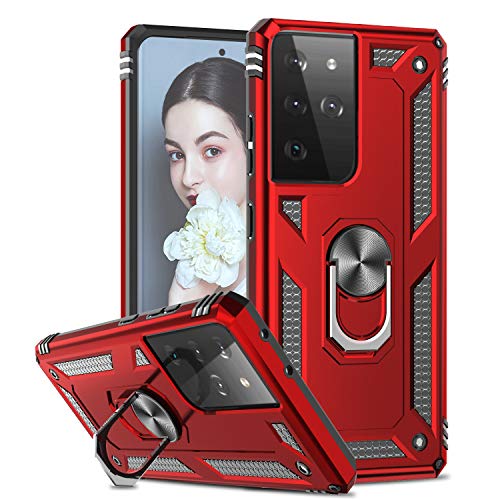 LeYi Funda para Samsung Galaxy S21 Ultra 5G,Armor Carcasa con 360 Grados Anillo iman Soporte Hard PC Silicona TPU Bumper Antigolpes Case para Movil Samsung Galaxy S21 Ultra 5G,Rojo