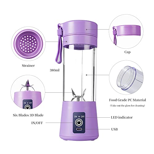 Licuadora portátil, licuadora USB eléctrica, licuadora mini licuadora licuadora portátil para batidos y batidos, licuadora de jugo de 380 ml con seis cuchillas ideal para mezclar