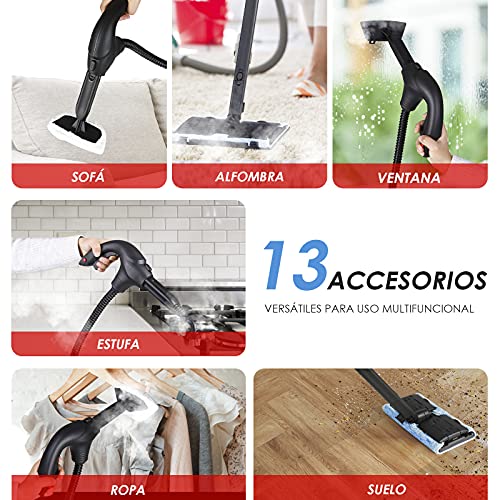 Limpiador de Vapor con Capacidad de 1100ml y Vaporeta Potencia de 1500W, 4.5 Bar, 13 Accesorios para Pisos, Alfombras y Ventanas, Tiempo Vapor Continuo 30 Mins