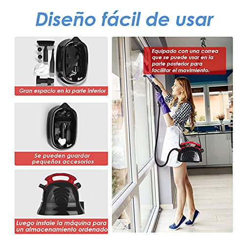 Limpiador de Vapor con Capacidad de 1100ml y Vaporeta Potencia de 1500W, 4.5 Bar, 13 Accesorios para Pisos, Alfombras y Ventanas, Tiempo Vapor Continuo 30 Mins