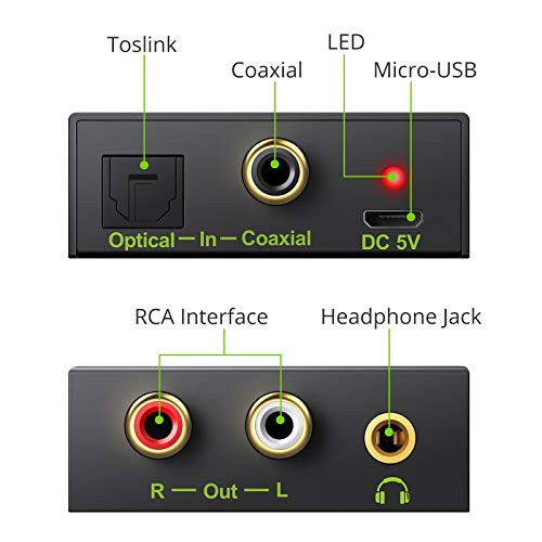 LiNKFOR DAC 192K Convertidor de Audio Digital a Analógico Adaptador Digital Coaxial Optico Toslink a Audio Estereo RCA y Jack 3.5mm de Auricurales Soporta LPCM 2.0 para HDTV Blu-Ray DVD Sky HD
