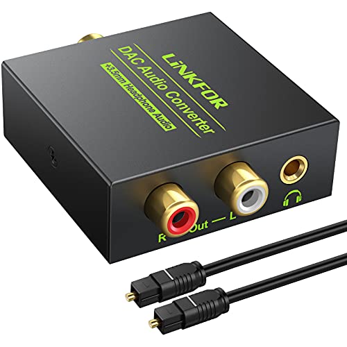 LiNKFOR DAC 192K Convertidor de Audio Digital a Analógico Adaptador Digital Coaxial Optico Toslink a Audio Estereo RCA y Jack 3.5mm de Auricurales Soporta LPCM 2.0 para HDTV Blu-Ray DVD Sky HD
