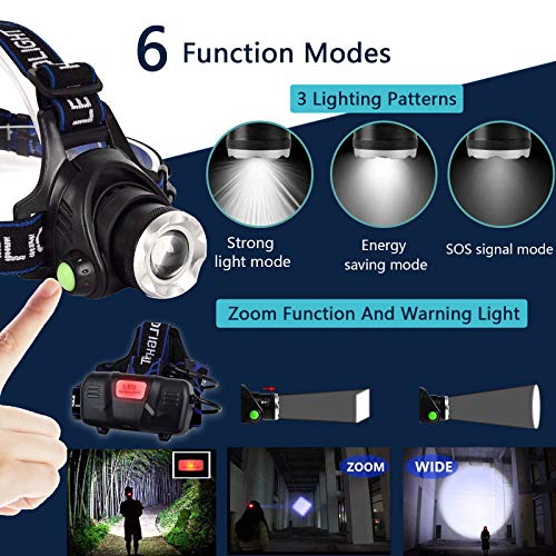 Linterna Frontal, Linterna Cabeza LED - USB Recargable, Zoomable Luz Frontal - Impermeable, Lámpara de Cabeza para Camping, Excursión,Pesca,Carrera,Ciclismo, con 3 Modos de Iluminación