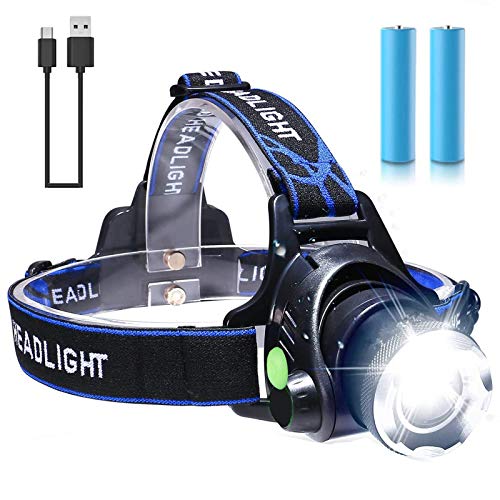 Linterna Frontal, Linterna Cabeza LED - USB Recargable, Zoomable Luz Frontal - Impermeable, Lámpara de Cabeza para Camping, Excursión,Pesca,Carrera,Ciclismo, con 3 Modos de Iluminación