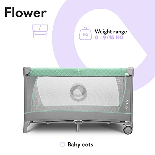 LIONELO Flower Camita de viaje 2 en 1 Para niños hasta 15 kg Colchón Organizador Cambiador Toy bar Juguetes interactivos 2 Reudas Compacta Bolsa para transportar Turquesa y Gris