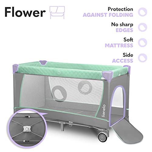 LIONELO Flower Camita de viaje 2 en 1 Para niños hasta 15 kg Colchón Organizador Cambiador Toy bar Juguetes interactivos 2 Reudas Compacta Bolsa para transportar Turquesa y Gris