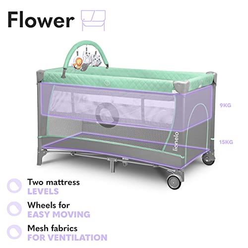 LIONELO Flower Camita de viaje 2 en 1 Para niños hasta 15 kg Colchón Organizador Cambiador Toy bar Juguetes interactivos 2 Reudas Compacta Bolsa para transportar Turquesa y Gris