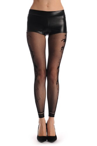 LissKiss Tulip Flowers On The Side With Lace Trim Footless Fishnet - Tights Footless - Negro Medias Sin Pie Talla unica (34-42)