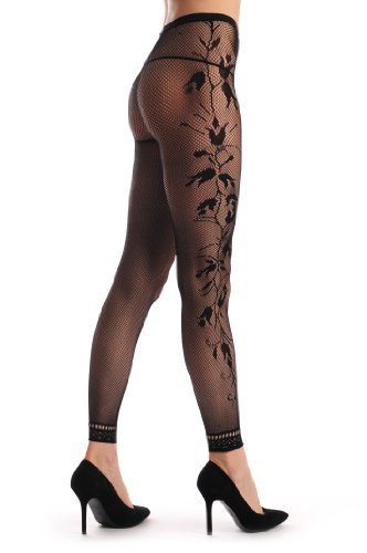 LissKiss Tulip Flowers On The Side With Lace Trim Footless Fishnet - Tights Footless - Negro Medias Sin Pie Talla unica (34-42)