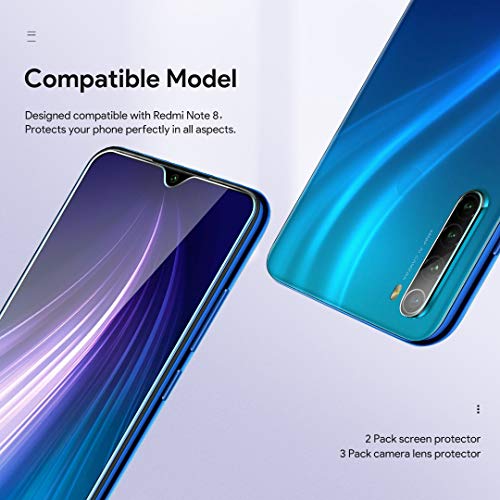 LϟK 5 Pack Protector de Pantalla Compatible con Xiaomi Redmi Note 8 con 2 Pack Cristal Templado y 3 Pack Protector de Lente de Cámara - Sin Burbujas Doble Protección Kit Fácil instalación