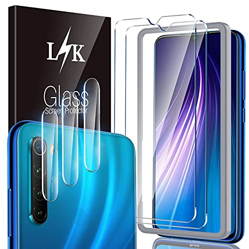 LϟK 5 Pack Protector de Pantalla Compatible con Xiaomi Redmi Note 8 con 2 Pack Cristal Templado y 3 Pack Protector de Lente de Cámara - Sin Burbujas Doble Protección Kit Fácil instalación