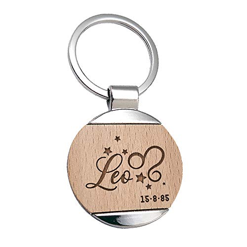 Llavero Leo Zodiaco Personalizado con Fecha Nacimiento - Llavero Símbolo Horóscopo Regalo Cumpleaños Grabado En Madera