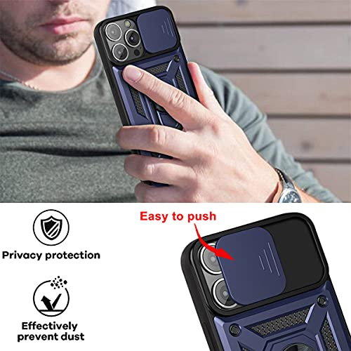 LOCLOUD Funda para iPhone 13 Pro MAX, Protección de la Cámara Carcasa con Cubierta de Cámara Deslizante y Soporte de Anill PC Dura y TPU Silicone Anti-Choque Anti-arañazos Case – Azul