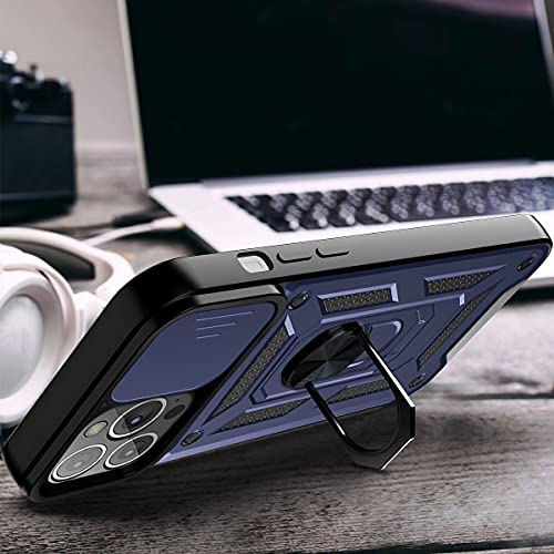 LOCLOUD Funda para iPhone 13 Pro MAX, Protección de la Cámara Carcasa con Cubierta de Cámara Deslizante y Soporte de Anill PC Dura y TPU Silicone Anti-Choque Anti-arañazos Case – Azul