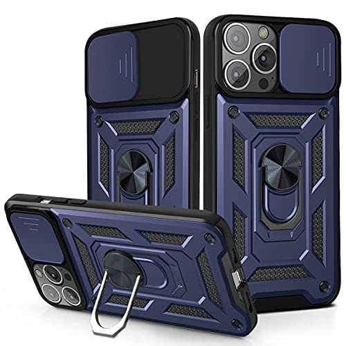 LOCLOUD Funda para iPhone 13 Pro MAX, Protección de la Cámara Carcasa con Cubierta de Cámara Deslizante y Soporte de Anill PC Dura y TPU Silicone Anti-Choque Anti-arañazos Case – Azul