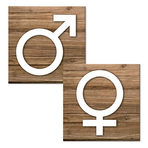 Logbuch-Verlag Juego de 2 placas de baño con diseño de hombre y mujer con símbolo de género, autoadhesivas, con aspecto de madera, color marrón y blanco