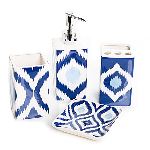 Logbuch-Verlag Juego de 4 accesorios de baño, dispensador de jabón, vaso para cepillo de dientes y jabonera de cerámica, color azul y blanco