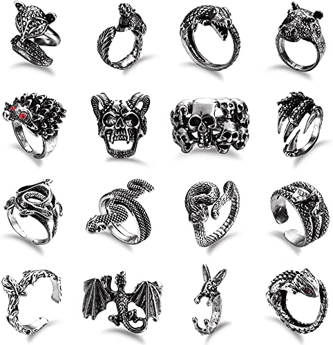 LOLIAS 16Pcs Vintage Punk Rings Juego de Anillos Abiertos góticos para Hombres Mujeres Ajustable Snake Dragon Claw Anillos de Animales Vintage Goth Skull Rings Indie Aesthetic
