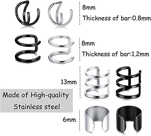 LOLIAS 8 Pares Acero Inoxidable Puño de Oreja Pendientes para Mujeres Hombres Ear Cuff Helix Clip Cartílago Pendientes Anillo de Nariz Labio Piercing Falso Tragus Pendientes Sin Agujero Mujer