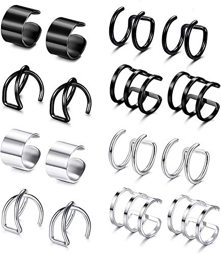 LOLIAS 8 Pares Acero Inoxidable Puño de Oreja Pendientes para Mujeres Hombres Ear Cuff Helix Clip Cartílago Pendientes Anillo de Nariz Labio Piercing Falso Tragus Pendientes Sin Agujero Mujer