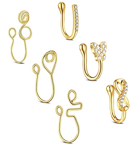 Longita 6 Piezas Falso Piercing Nariz en Forma de U Acero inoxidable Mujeres Oro Nose Cuff Clip On Faux Nostril Piercing