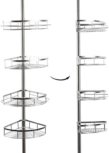 Lonior Estantería de Baño Estantería de Esquina Telescópica Acero inoxidable Estantería de Ducha para Baño y Cocina Altura Ajustables 110-280cm con 4 Cestos y 2 Toallero