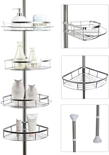 Lonior Estantería de Baño Estantería de Esquina Telescópica Acero inoxidable Estantería de Ducha para Baño y Cocina Altura Ajustables 110-280cm con 4 Cestos y 2 Toallero