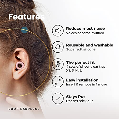 Loop Quiet - Tapones Oídos para dormir – Protección Auditiva de Silicona Suave Reutilizables + 8 Puntas para los Oidos en XS/S/M/L - Reducción Sonido 27dB - Antiruido, Estudiar - Rosa