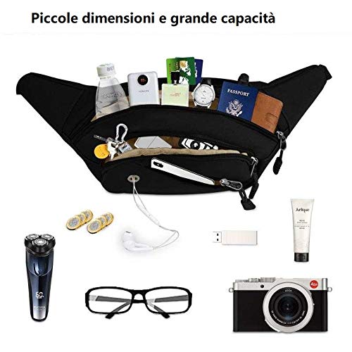 Lotisie Riñoneras Deportiva para Mujer y Hombre, Riñonera Impermeable con Muchos Bolsillos, Riñonera con Correa Ajustable para Deportes al Aire Libre Viaje Correr Senderismo Ciclismo, Negro