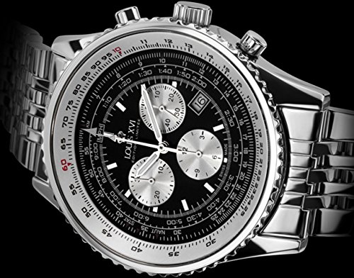 LOUIS XVI Artagnan - Reloj de pulsera para hombre con correa de acero plateado y negro, cronógrafo, analógico, cuarzo, acero inoxidable 580