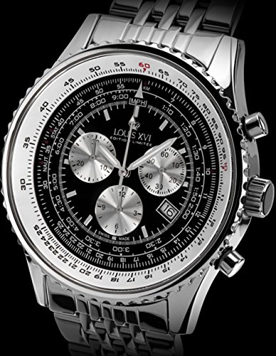 LOUIS XVI Artagnan - Reloj de pulsera para hombre con correa de acero plateado y negro, cronógrafo, analógico, cuarzo, acero inoxidable 580