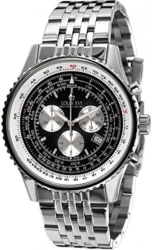 LOUIS XVI Artagnan - Reloj de pulsera para hombre con correa de acero plateado y negro, cronógrafo, analógico, cuarzo, acero inoxidable 580