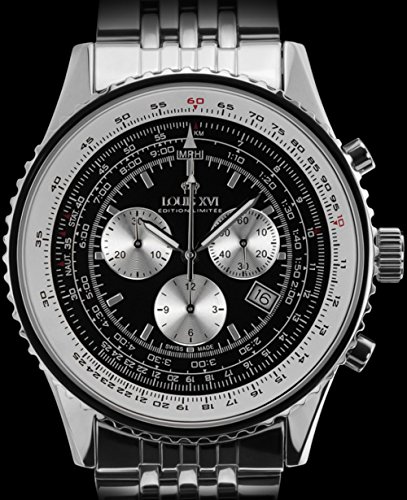 LOUIS XVI Artagnan - Reloj de pulsera para hombre con correa de acero plateado y negro, cronógrafo, analógico, cuarzo, acero inoxidable 580